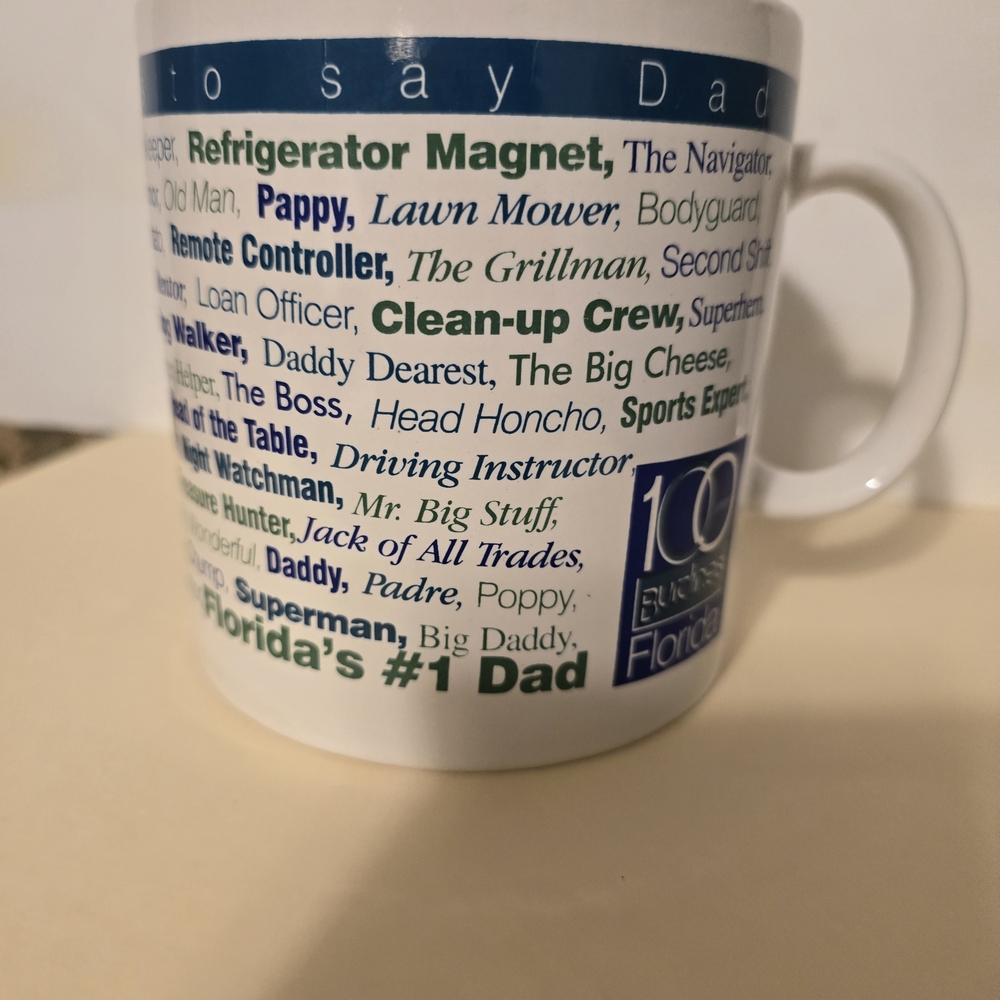 Florida's #1 Dad White Mug New X Large 4x4 Inch Burdines For Dad